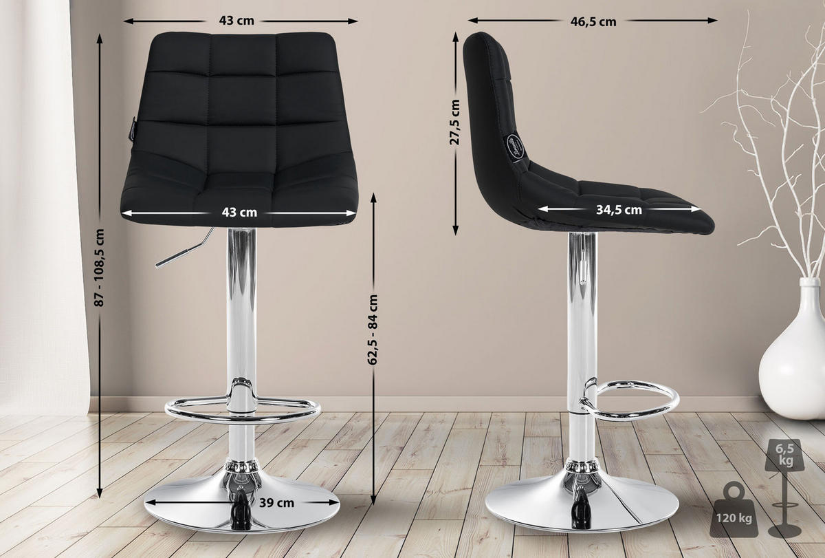 BARHOCKER 2er Set James Kunstleder chrom schwarz - Chromfarben/Schwarz, Kunststoff/Metall (43/108.5/46.5cm) - TPFLiving