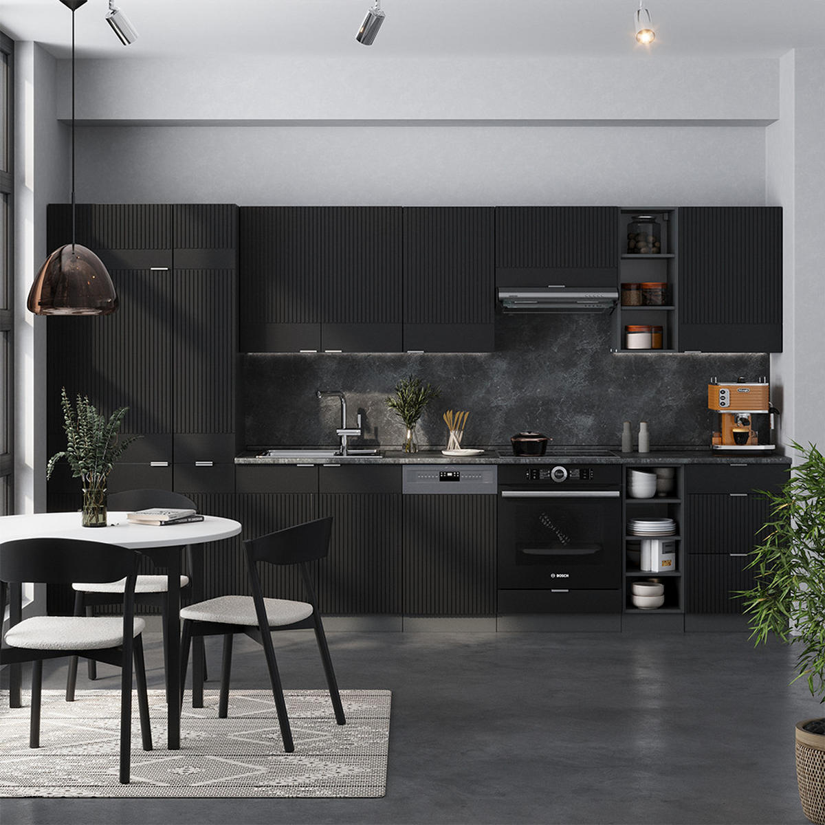 KÜCHENZEILE Fame-Line, Schwarz gestreift/Anthrazit, 355 cm, AP Marmor - Anthrazit/Schwarz, Holzwerkstoff (355/81.6/60cm) - Vicco