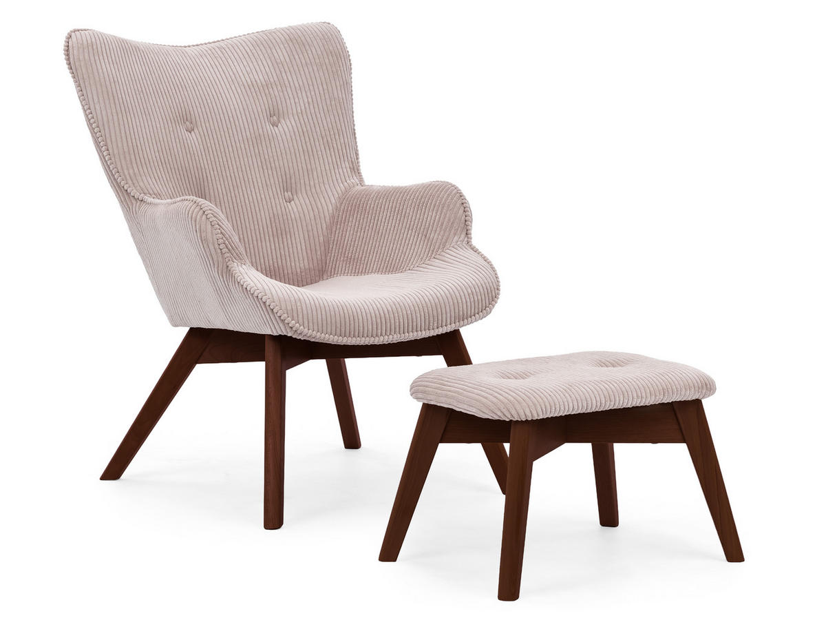 LOUNGESESSEL mit Fußhocker Lenari Puderrosa Cordstoff mit Füßen in Braun - Hellrosa/Braun, Holz/Textil (71/96/86cm) - S-Style Möbel