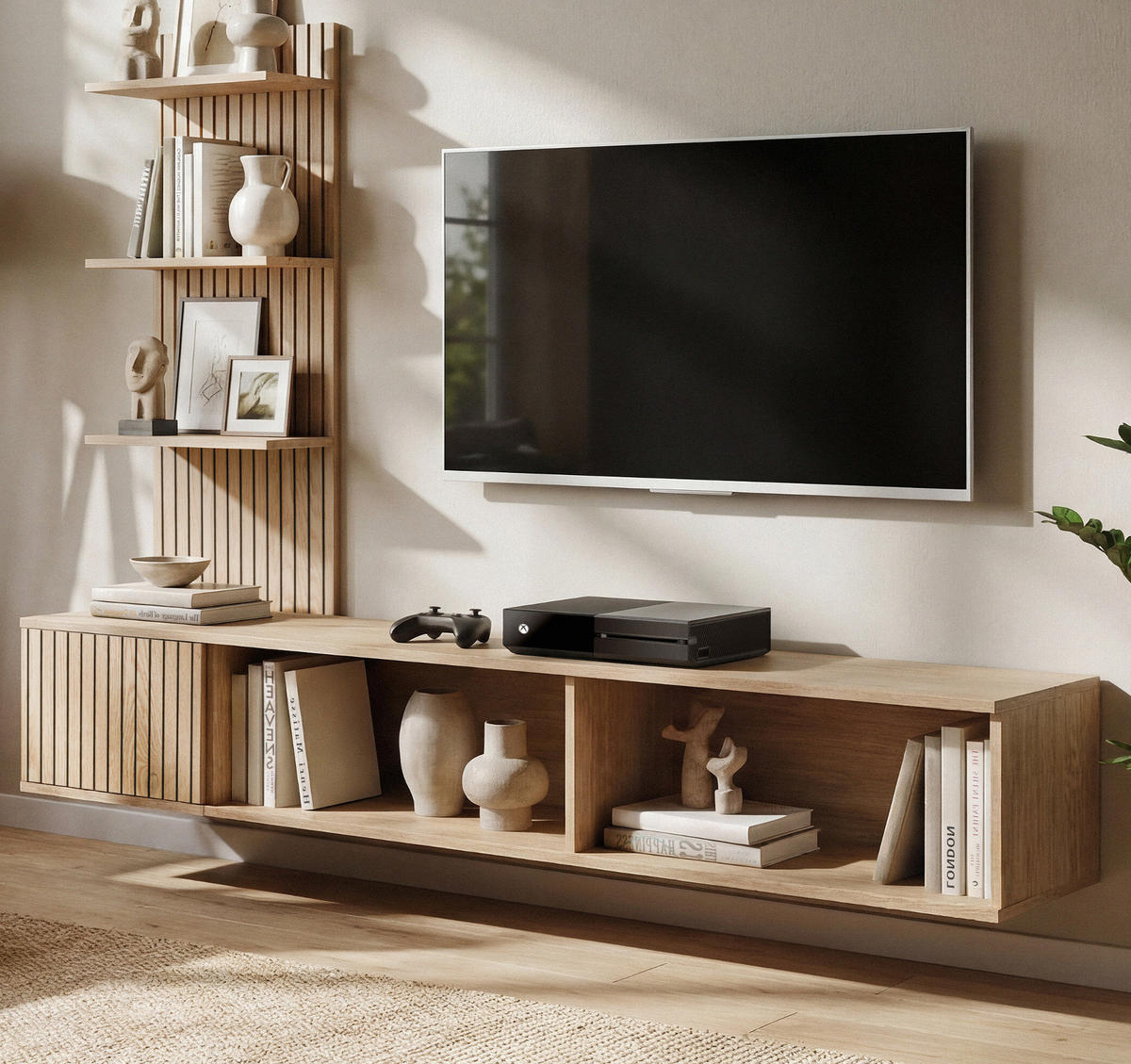 TV-LOWBOARD Cremona Eiche Leistenoptik 180 cm hängend, TV Unterschrank Set mit Paneel und Regal - Eichefarben, Holzwerkstoff (180/130/40cm) - Inn.Furn