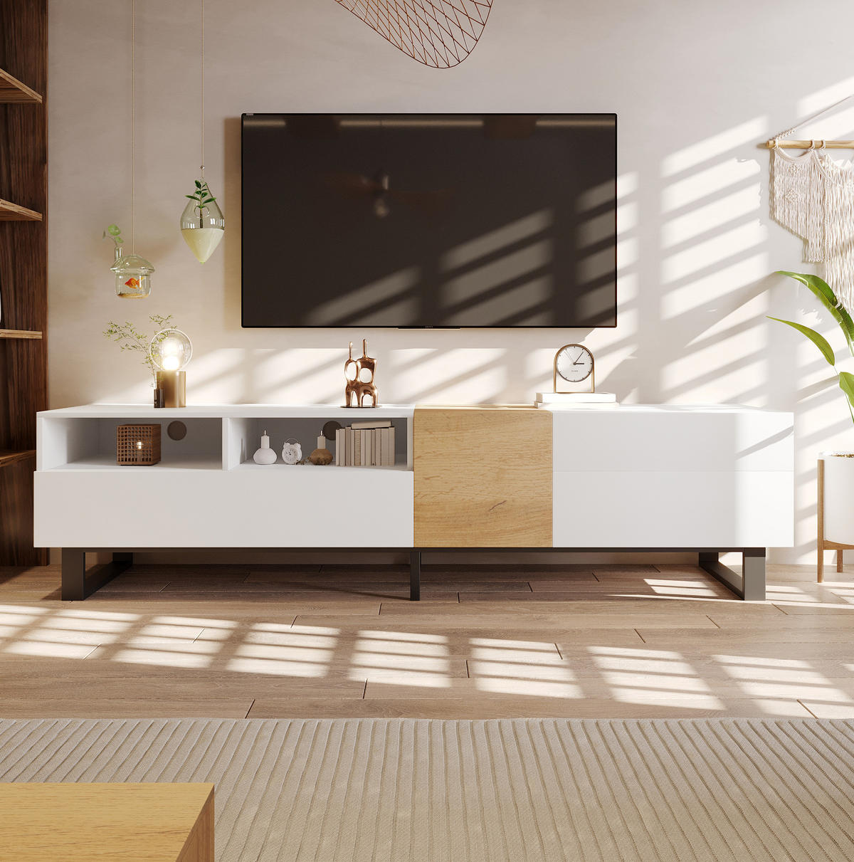 TV-LOWBOARD aus MDF 180x38x50 cm Weiß und Holzoptik mit 2 Schubladen und 2 Türen - Weiß, Holzwerkstoff (180/50/38cm) - IVMEU