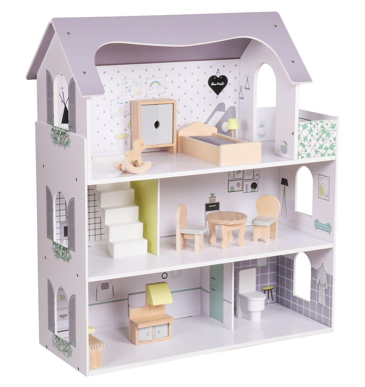 PUPPENHAUS ANNA Puppen Villa möbliert 3 Etagen - Grau, Holz (62/70/27cm) - Coemo