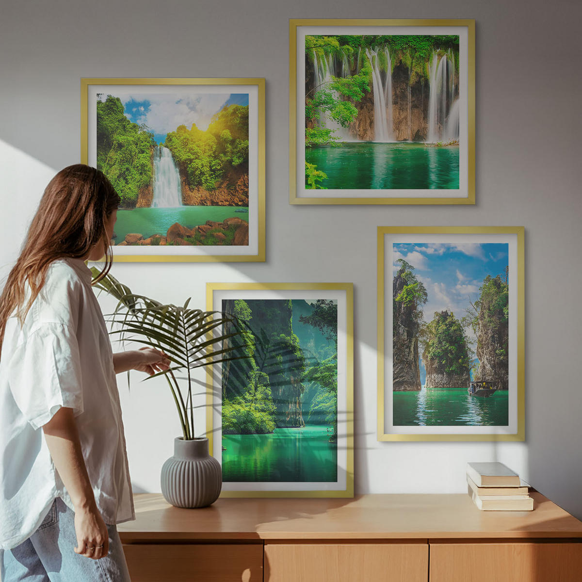BILDER SET 4er Set - 50x50 cm & 40x60 cm Goldrahmen - Grüne Landschaften, Wasserfälle - Goldfarben, Kunststoff (50/50cm) - TULUP