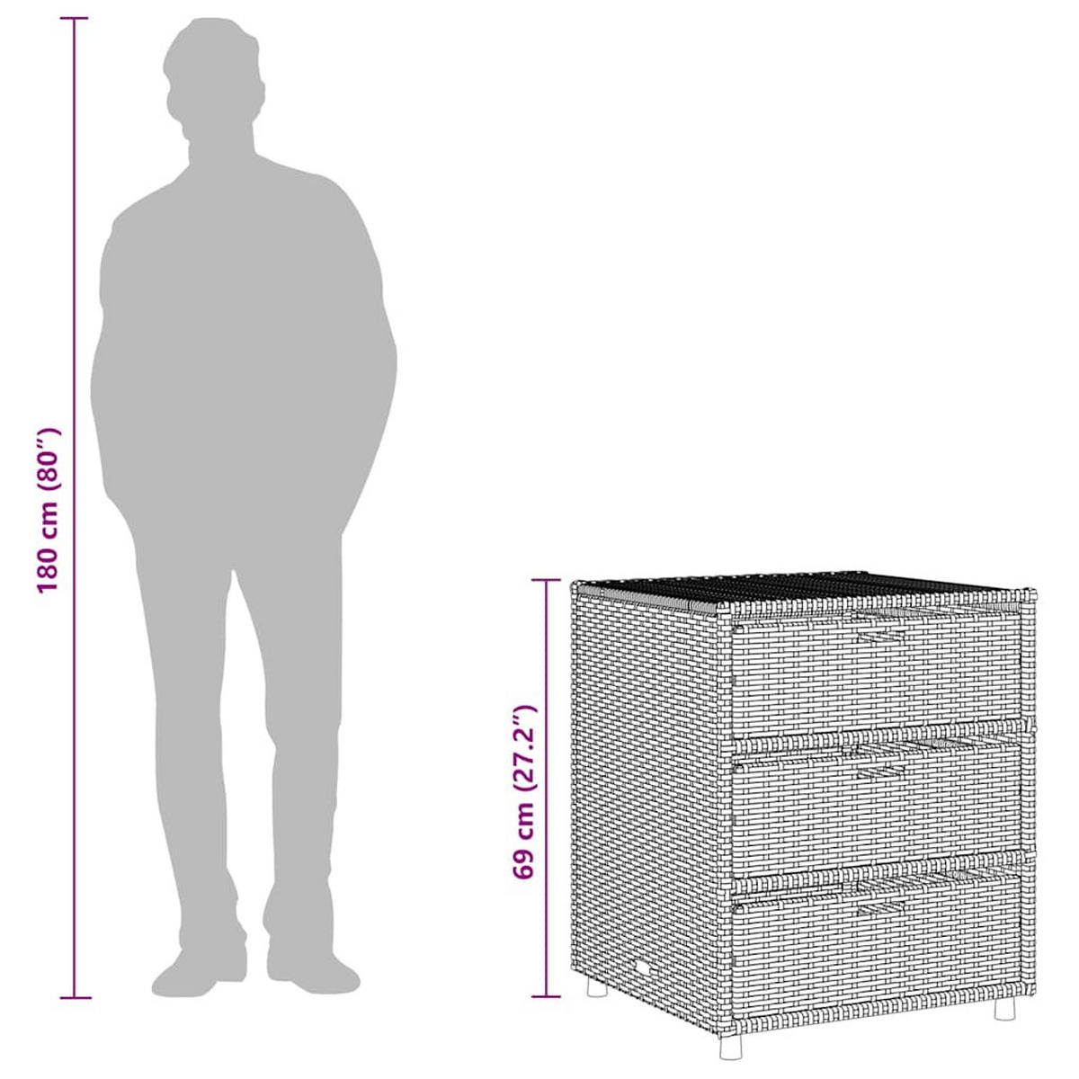 GARTENSCHRANK mit 3 Schubladen, 55/59/69 cm, aus Poly Rattan, Grau - Grau, Naturmaterialien (59/69/55cm) - vidaXL