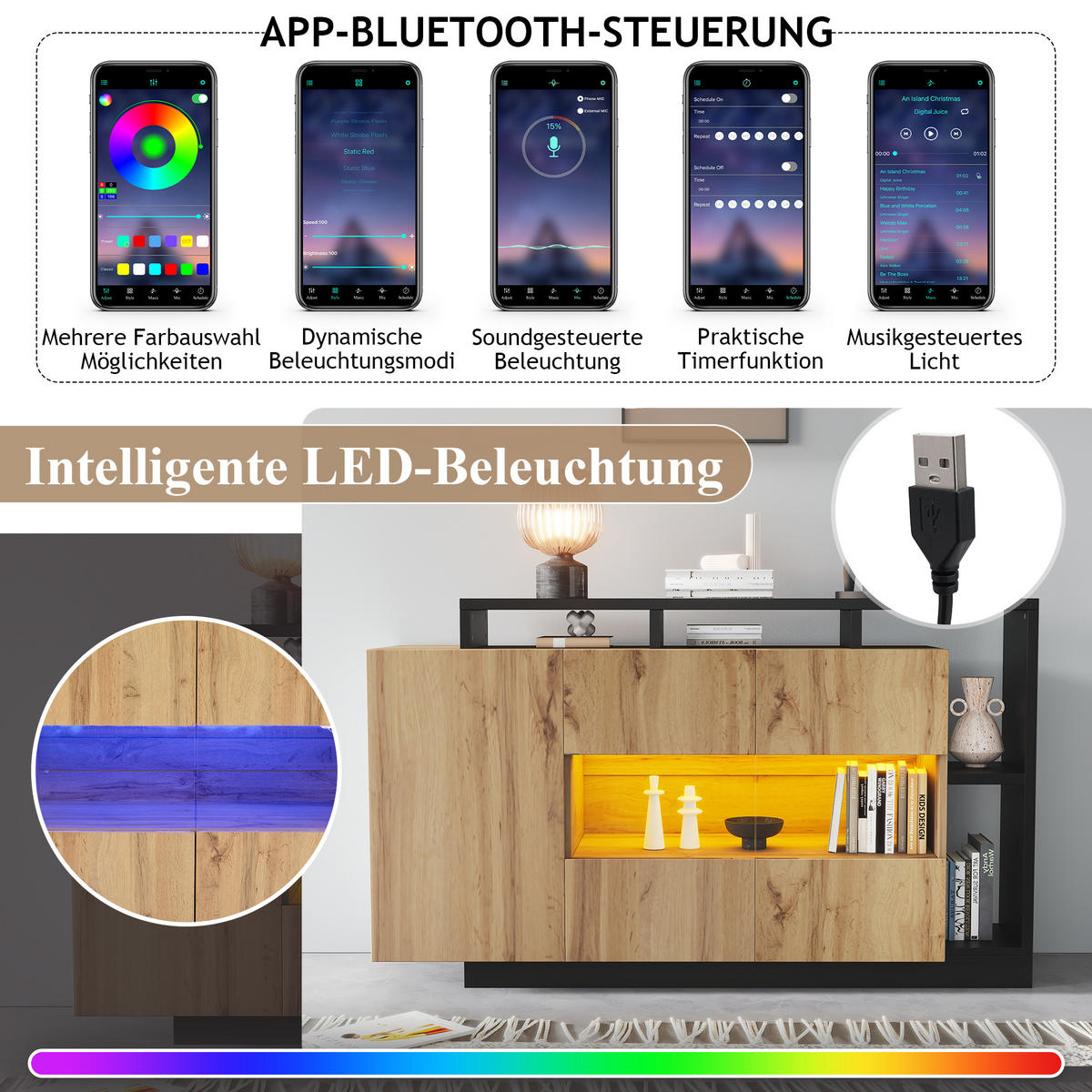 SIDEBOARD LED Holz MDF Bluetooth Modern Esszimmer Stauraum - Naturfarben, Holzwerkstoff (44/93.5/140cm) - FLIEKS