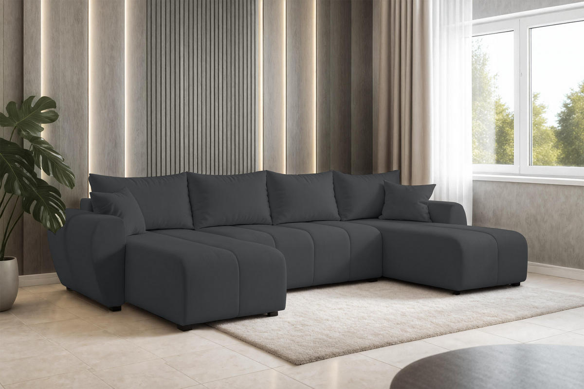 WOHNLANDSCHAFT Malatya U Form Dunkelgrau 311/145/82 cm mit Schlaffunktion - Dunkelgrau/Schwarz, Kunststoff/Textil (311/82/145cm) - AX Living