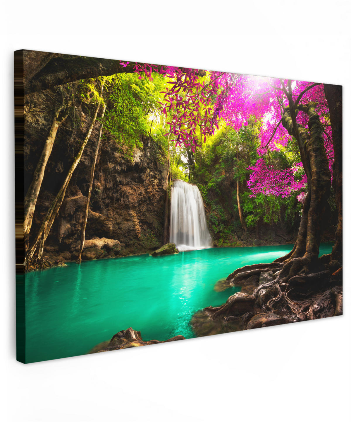 LEINWANDBILD Wasserfall mit bunten Blumen und Bäumen - Natur - Dschungel Wohnzimmer Groß 120x80 cm - Waldgrün, Textil (120/80cm) - MuchoWow