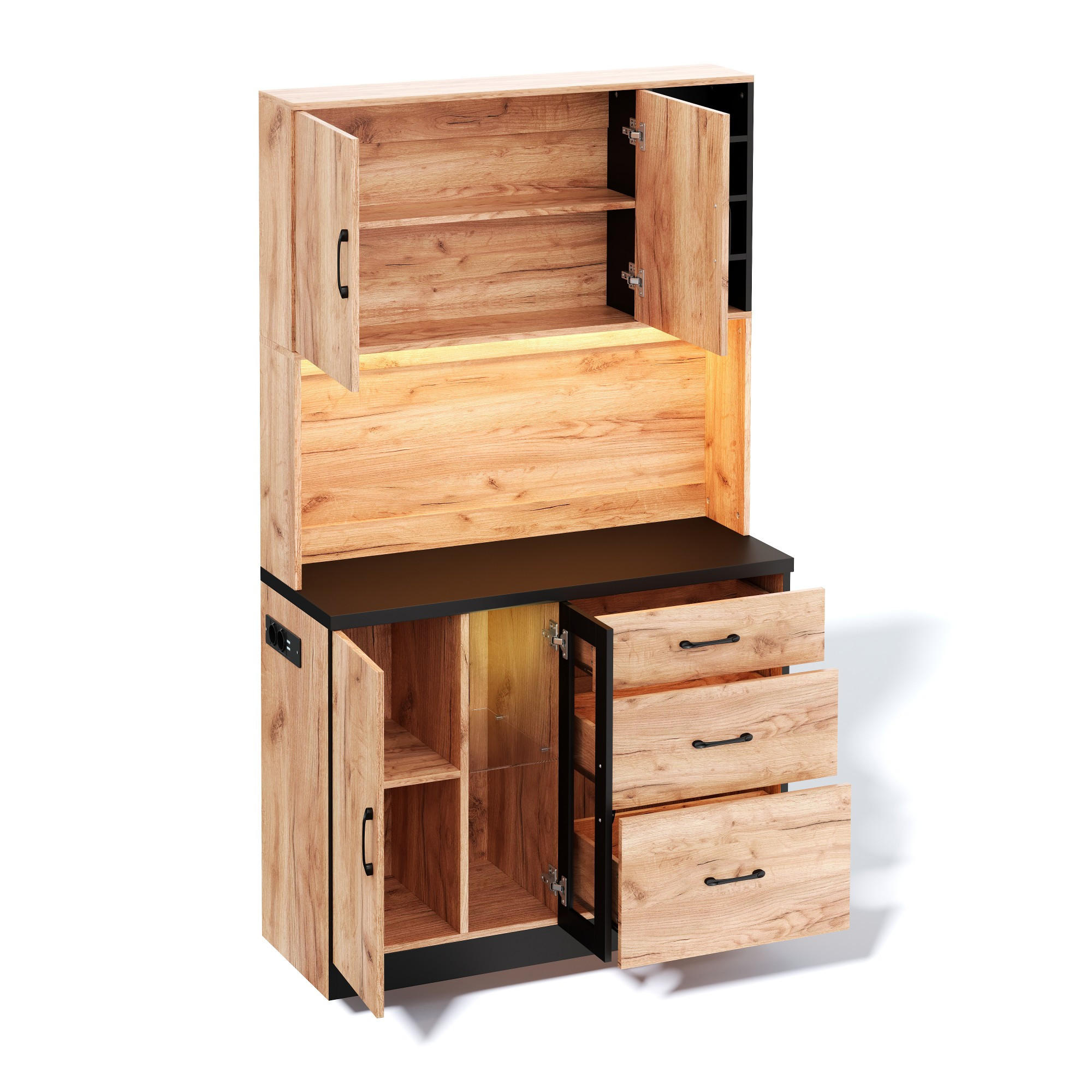BUFFET 105/40/180 cm Neutral mit LED-Beleuchtung, verstellbaren Einlegeböden und 3 Schubladen - Naturfarben, Holz (105/180/40cm) - Oxeza
