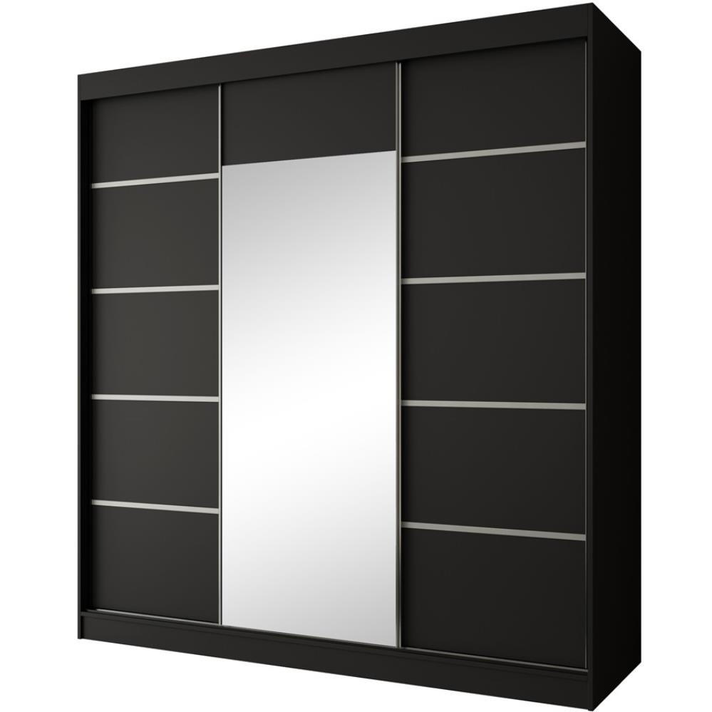 SCHWEBETÜRENSCHRANK Monica 200/215/61 3-türig schwarz+silber mit Spiegel - Silberfarben/Schwarz, Holzwerkstoff (200/215/61cm) - Beautysofa