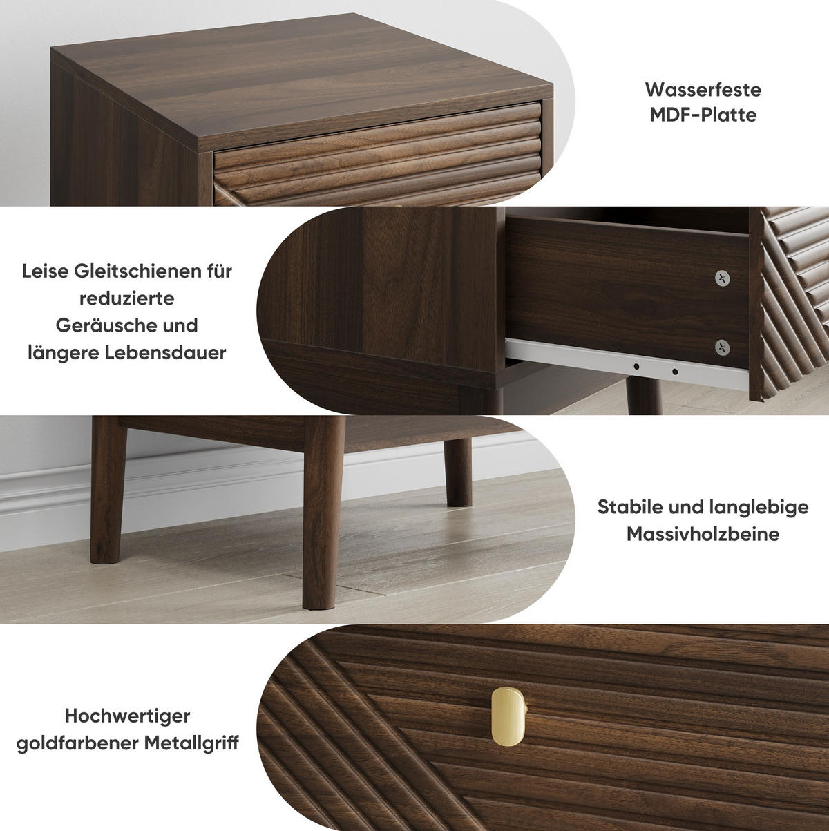 NACHTTISCH mit 2 Schubladen 40/40/55 cm in Walnussoptik mit Metallgriffen - Braun, Holzwerkstoff (40/55/40cm) - BEAOK