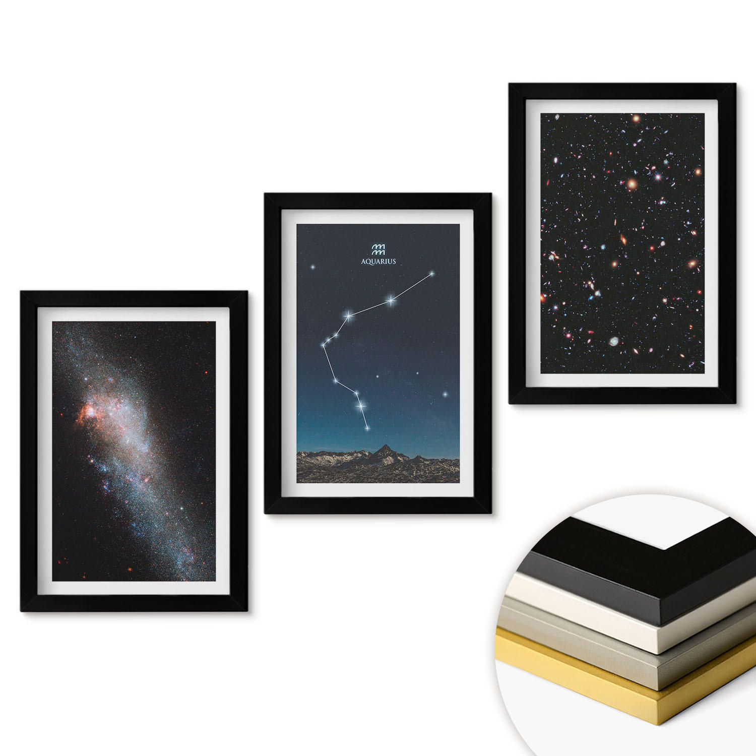 WANDBILDER 3er-Set - 20x30 cm Schwarzer Rahmen - Galaxienraum Wassermann - Schwarz, Kunststoff (20/30cm) - ArtPrintCave