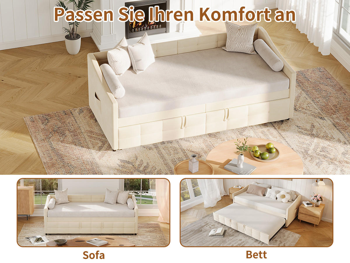 POLSTERBETT 90/200 cm Beige mit Ausziehbett - Beige, Metall (90/200cm) - EuroLiving