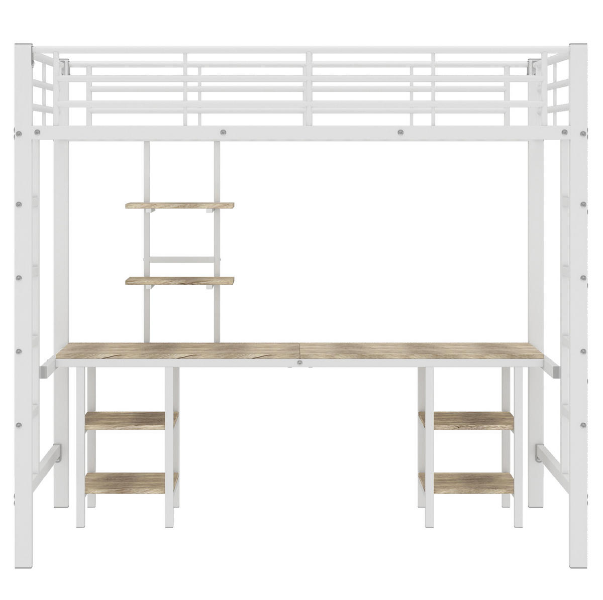 ETAGENBETT aus Metall und MDF 90x200 cm Weiß mit Schreibtisch, Regalen und Fallschutz - Weiß, Holzwerkstoff (90/200cm) - Modfu