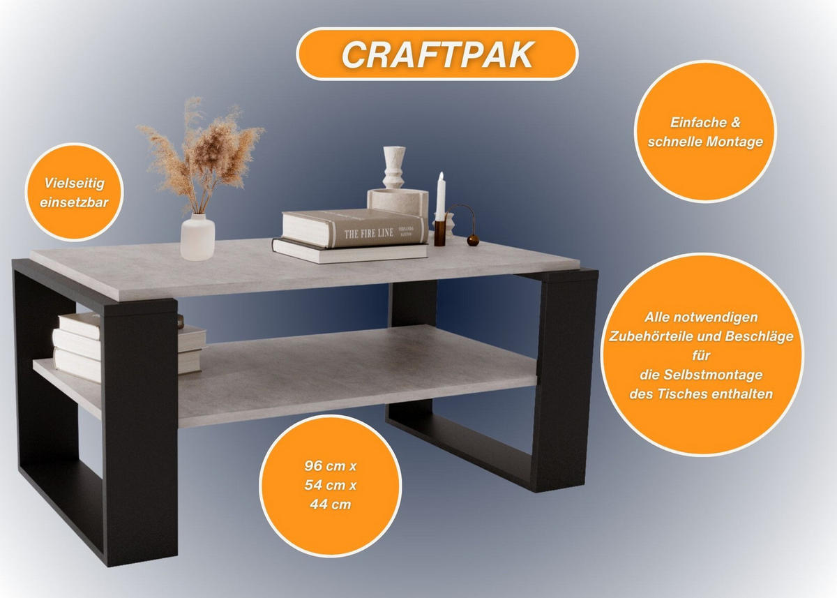 COUCHTISCH Holzwerkstoff rechteckig stabil Grau 42/54/96cm - Schwarz/Grau, Holzwerkstoff (53.8/96/42cm) - CraftPAK