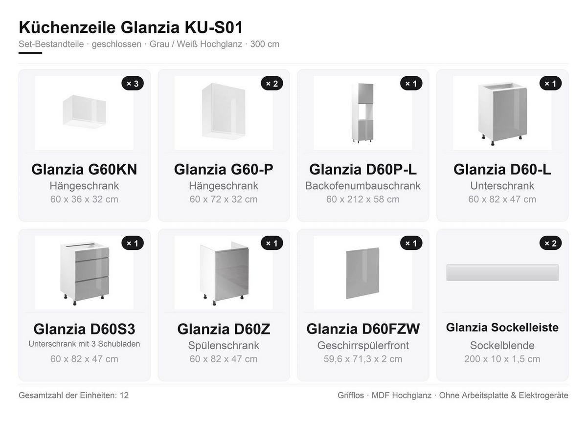 KÜCHENZEILE 300 cm Glanzia – KU-S01 – Grau / Weiß – Hochglanz - Grau, Holzwerkstoff (300/212/58cm) - hi-markt