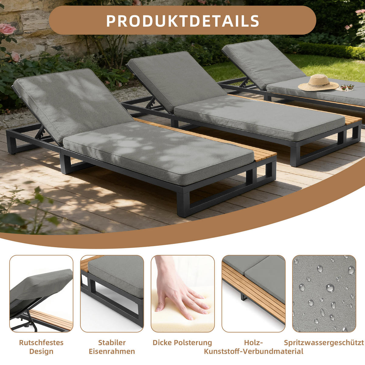 OUTDOOR-LIEGESTUHL Multifunktionales Sofabett Grau Linke Seite 3-tlg - Grau, Metall (79.5/73/184cm) - ComfortXL