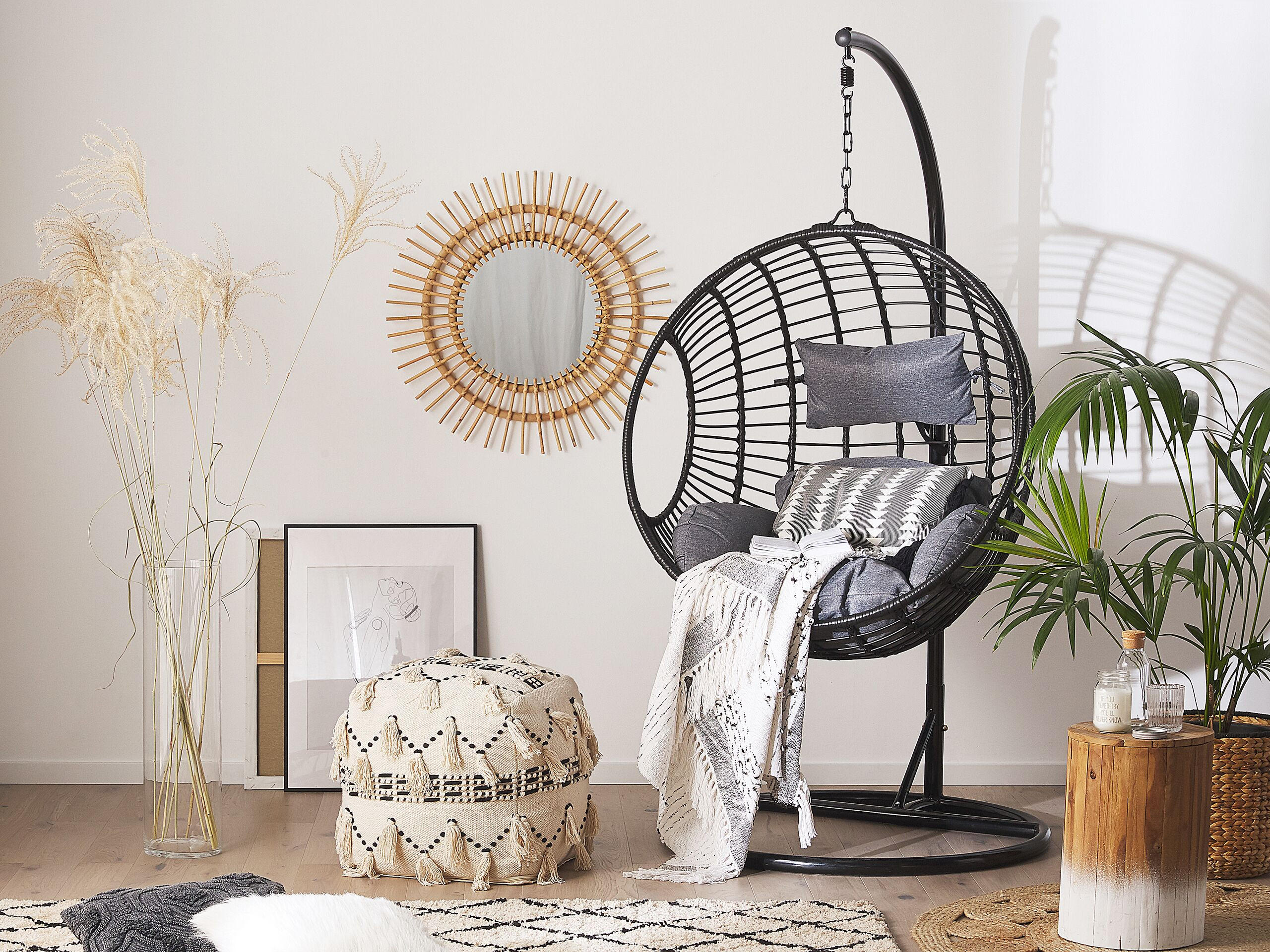 HÄNGESESSEL mit Gestell PE Rattan schwarz 97 cm Aspio - Schwarz, Kunststoff (99/199/97cm) - Beliani