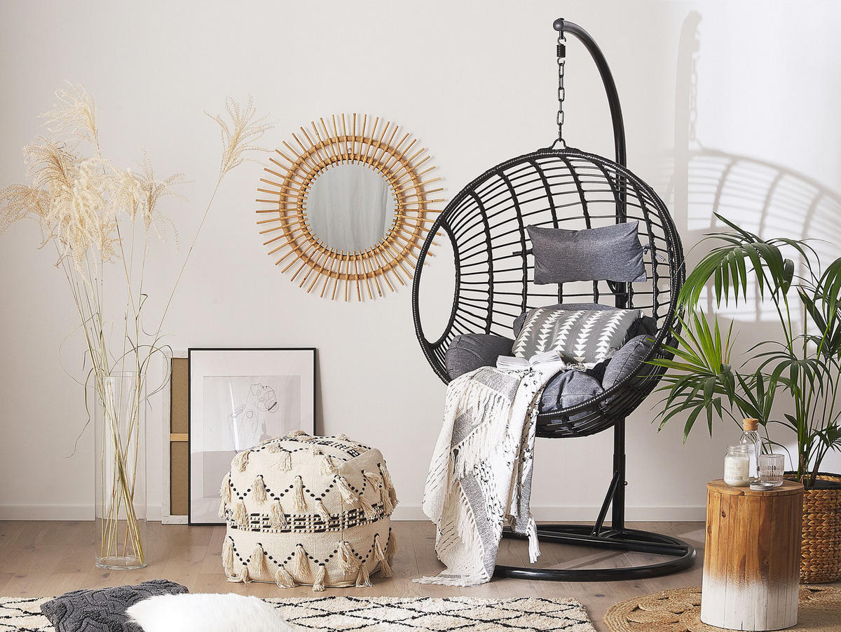 HÄNGESESSEL mit Gestell PE Rattan schwarz 97 cm Aspio - Schwarz, Kunststoff (99/199/97cm) - Beliani