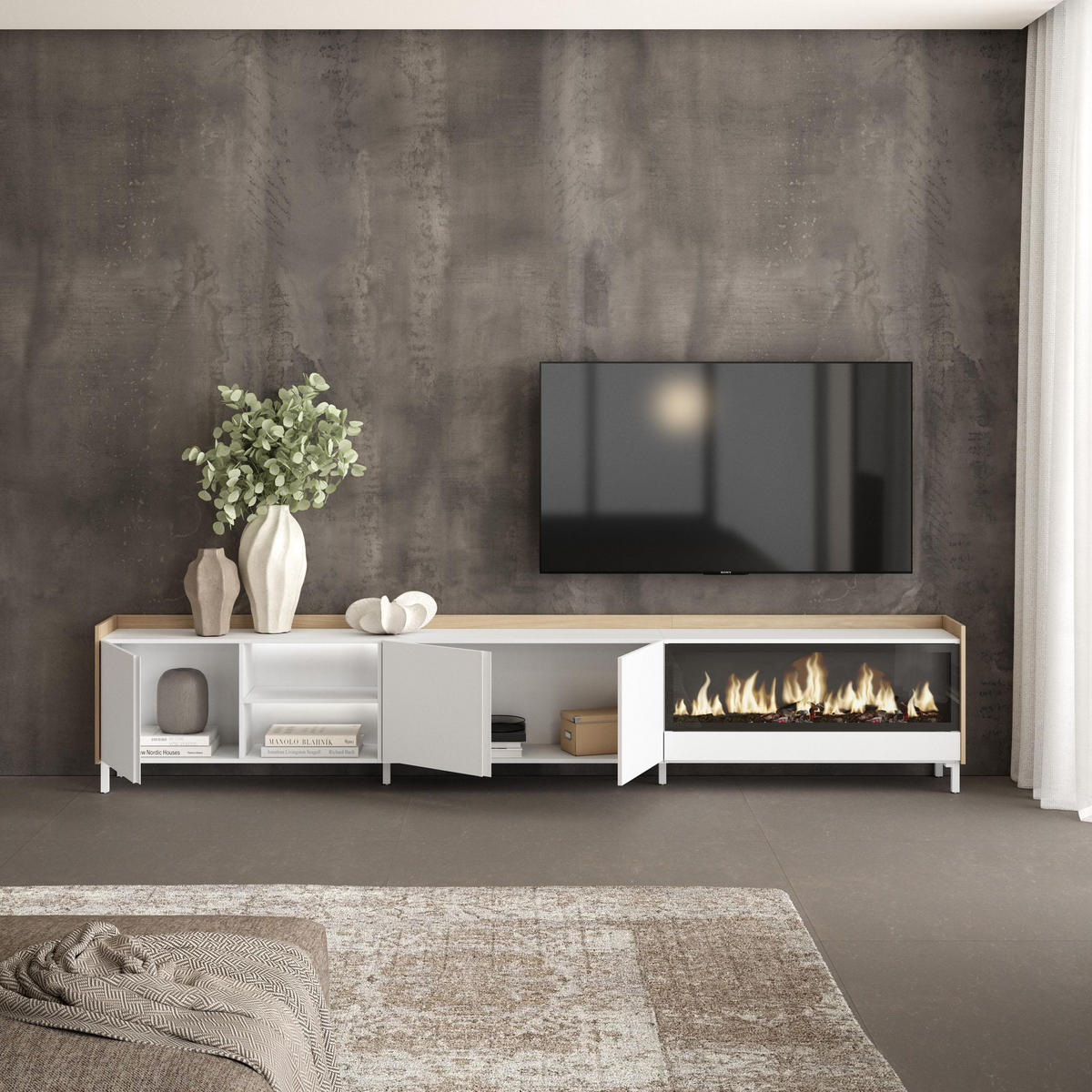 LOWBOARD, Weiß und Eiche, 315/35/61cm, Kamin mit Feuereffekt XXL - Weiß, Holzwerkstoff (315/61/35cm) - Skraut Home
