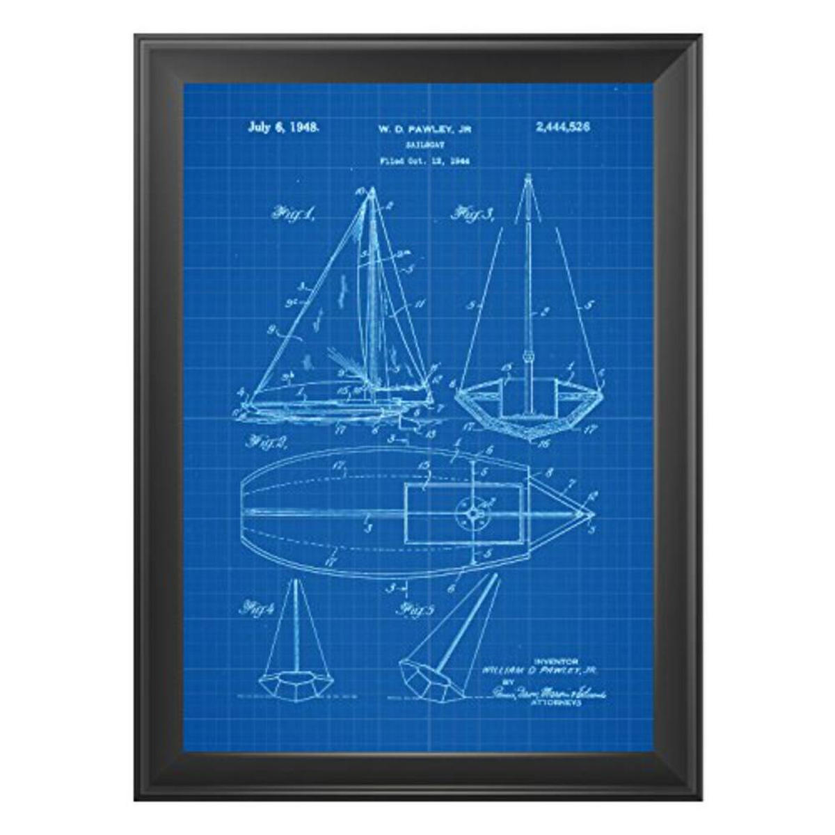 POSTER Set mit 4 Blau Patenten Booten A4 Schwarzer Rahmen - Schwarz, Papier (29.7/3cm) - Nacnic