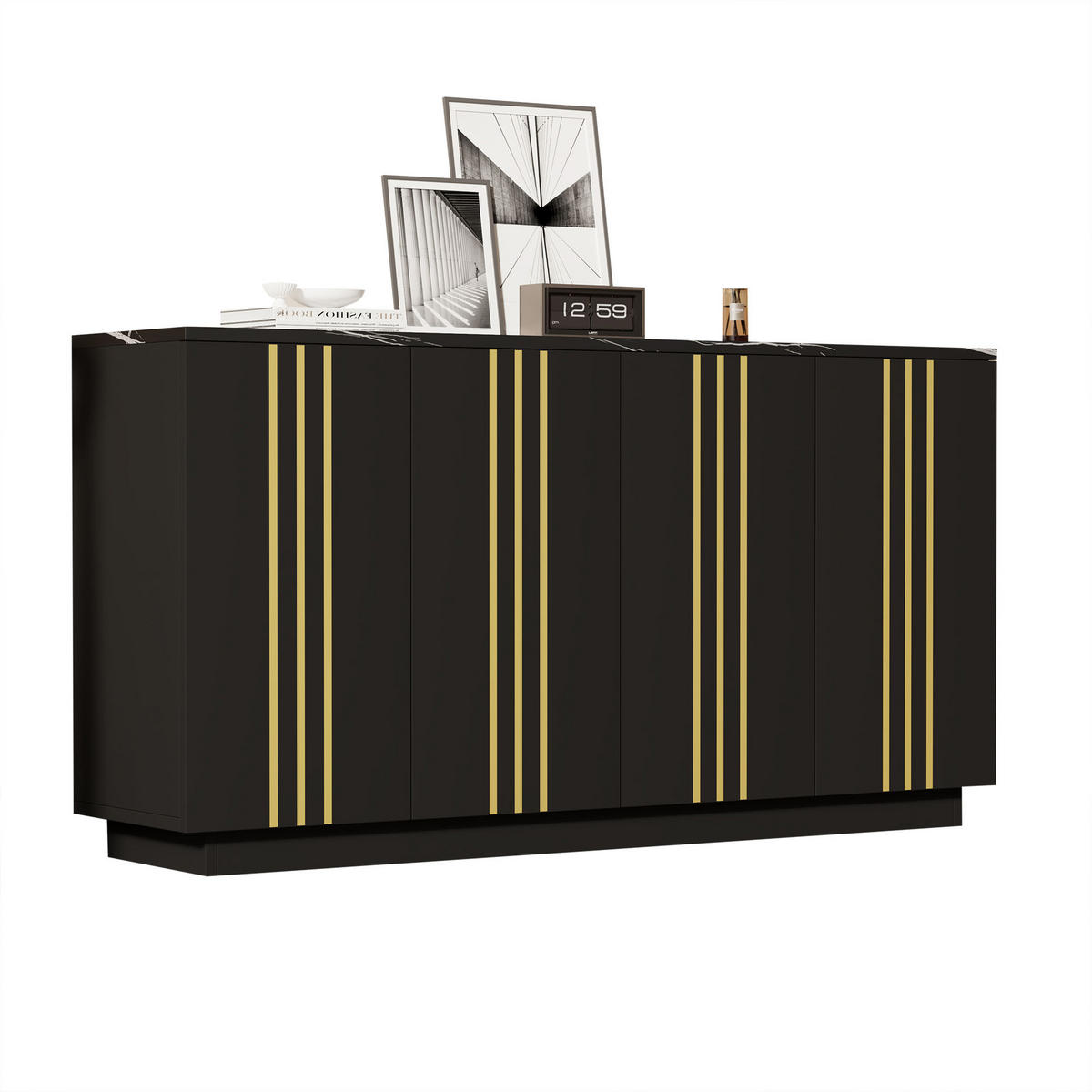 SIDEBOARD Schwarz Gold 4 Türen 140cm verstellbar Modern Schrank - Schwarz, Holzwerkstoff (35/70/140cm) - FLIEKS