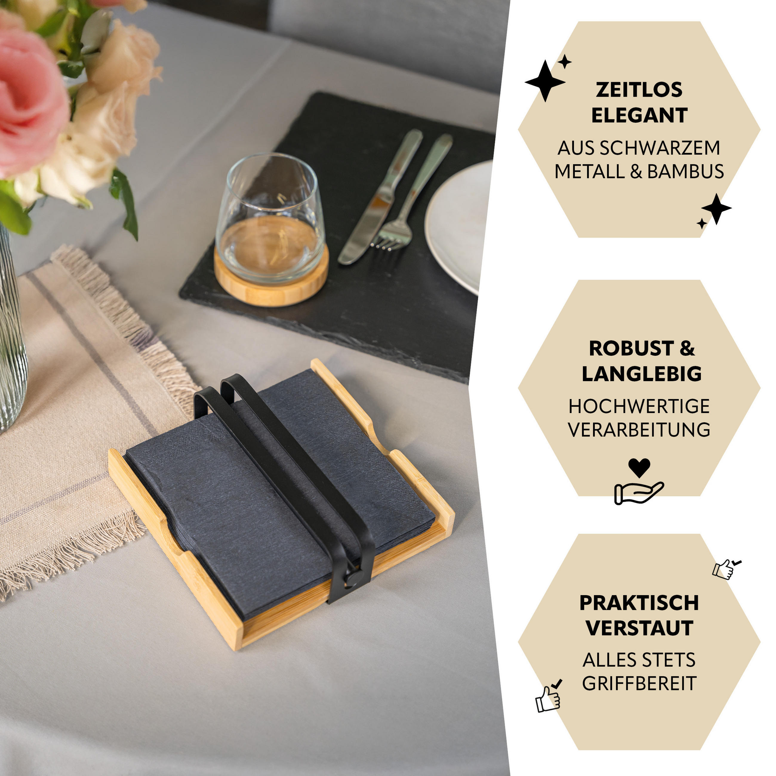 Thumbnail - bremermann Serviettenhalter,, Schwarz, Holz, 19x5.5 cm, Wohntextilien, Tischwäsche, Stoffservietten