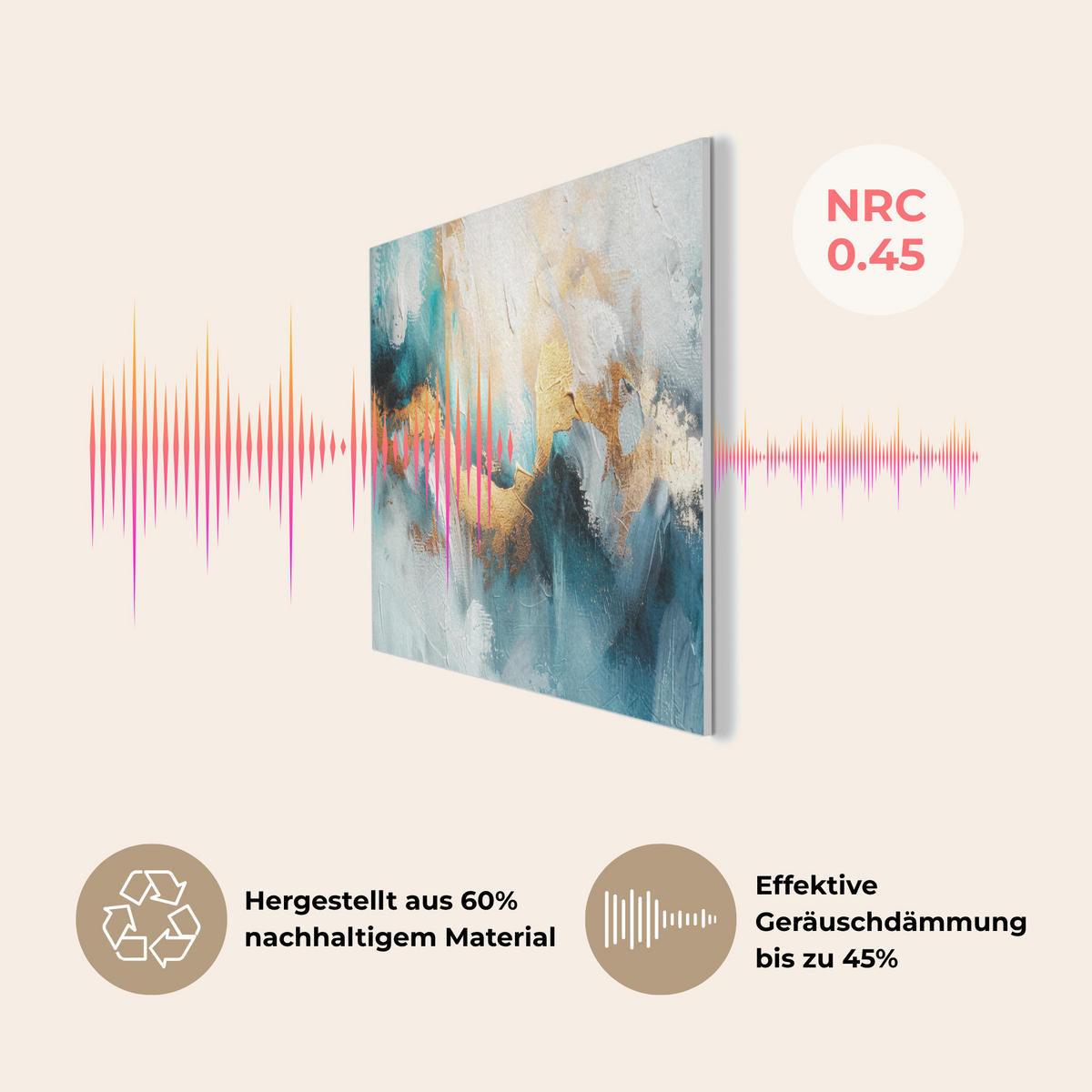 AKUSTIKPANEEL Abstrakt - Kunst - Gold - Blau 80x60 cm - Petrol, Textil (80/0.9/60cm) - MuchoWow