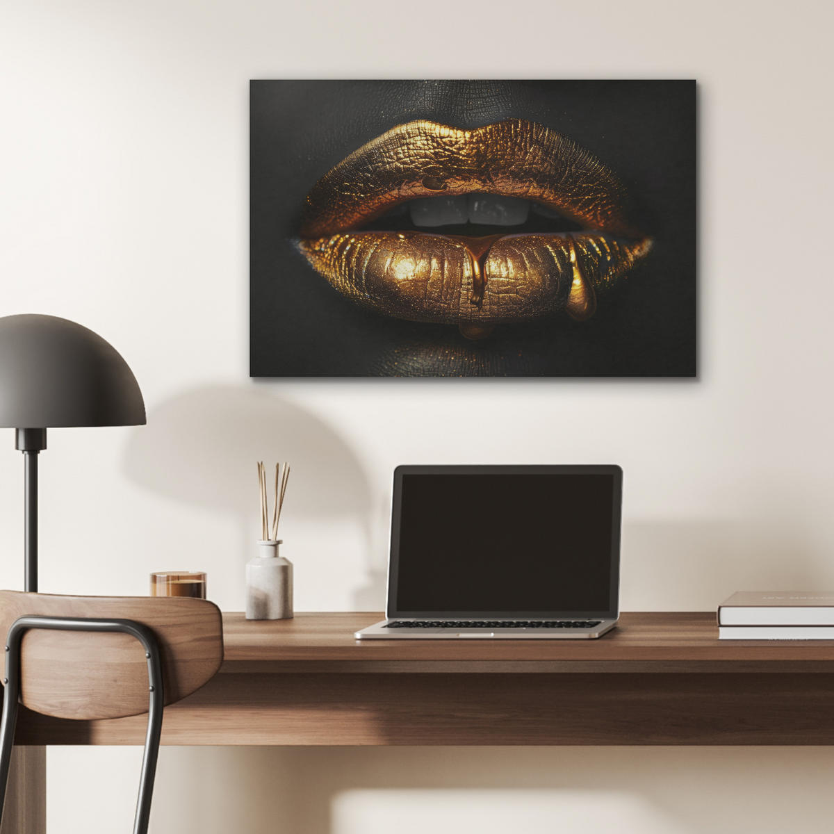 AKUSTIKBILD Frau - Porträt - Lippen - Gold - Schwarz Wanddeko 70x50 cm - Schwarz, Kunststoff (70/50/0.9cm) - MuchoWow