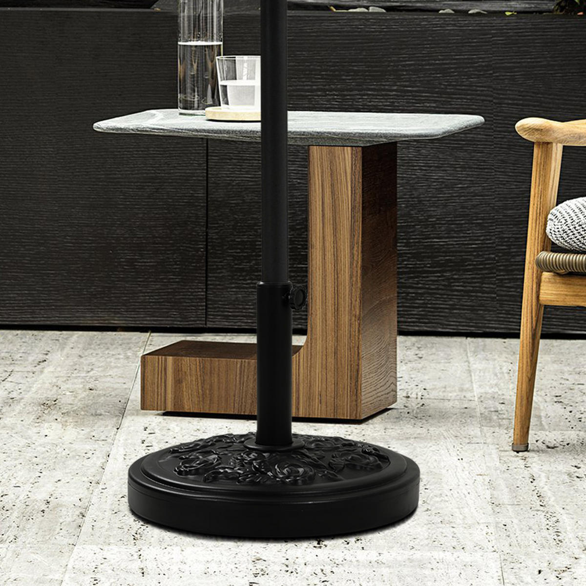 SONNENSCHIRMSTÄNDER Sonnenschirmfuß mit Rollen aus PE + Concrete und Stahl in Schwarzmit dekorativem Rosemuster Schwarz Ø45 × 25 cm 20 kg - Schwarz, Metall (57/51cm) - Livingandhome