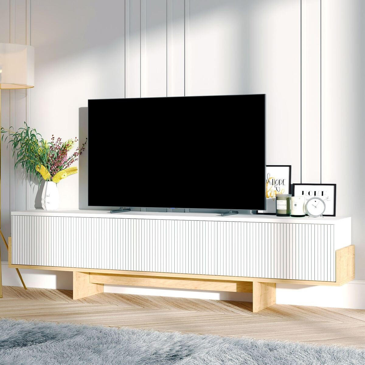 TV-MÖBEL mit 3 abklappbaren Türen gestreift 30/180/44,6 cm - Weiß, Holzwerkstoff (30/44.6/180cm) - Calicosy