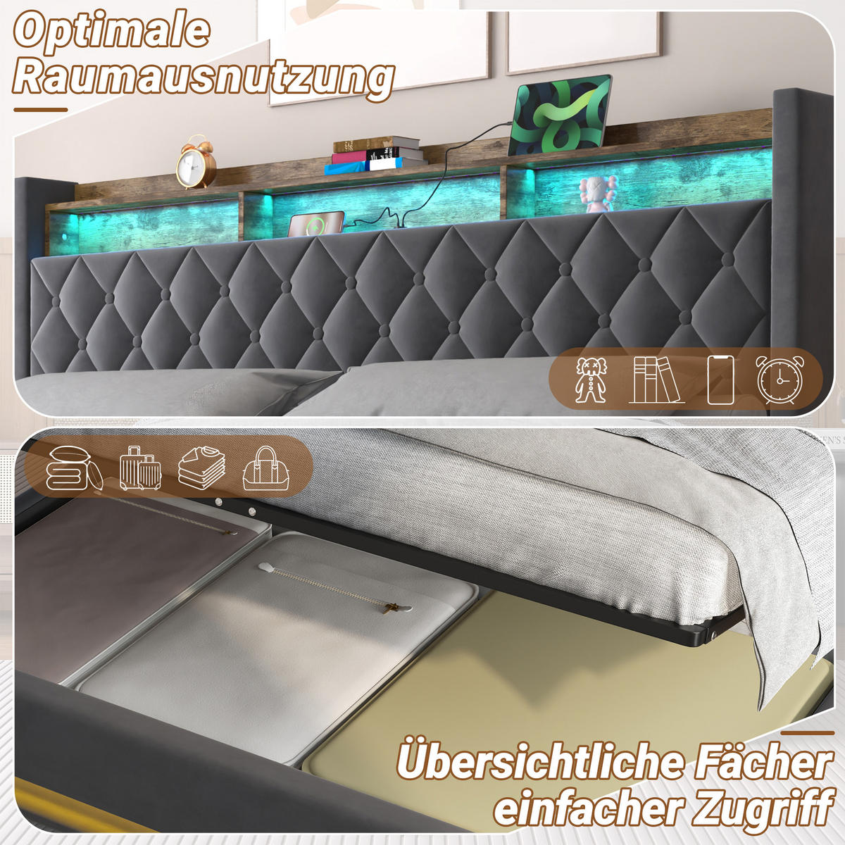 POLSTERBETT 180/200 cm in Grau, Samt, mit Bettkasten, USB, LED, ohne Matratze - Grau, Holzwerkstoff/Textil (180/200cm) - WISHDOR