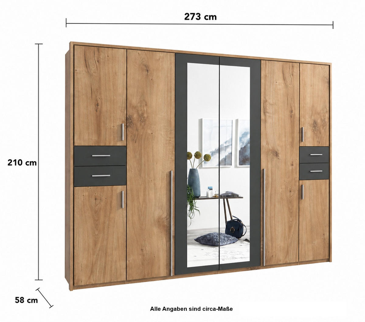 DREHTÜRENSCHRANK Kleiderschrank B273/H210/T58 cm mit Schubkästen & Passepartout & 2 Spiegeltüren, Eiche Dekor mit Absetzungen in Grafit / 22576 - Eichefarben/Silberfarben, Holzwerkstoff/Kunststoff (273/210/58cm) - luma-home