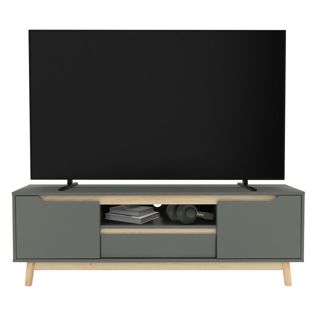 TV-LOWBOARD 140x40x46 cm Grün-Natur mit Kiefernholz-Füße - Naturfarben/Grau, Holz (40/46/140cm) - ML-DESIGN