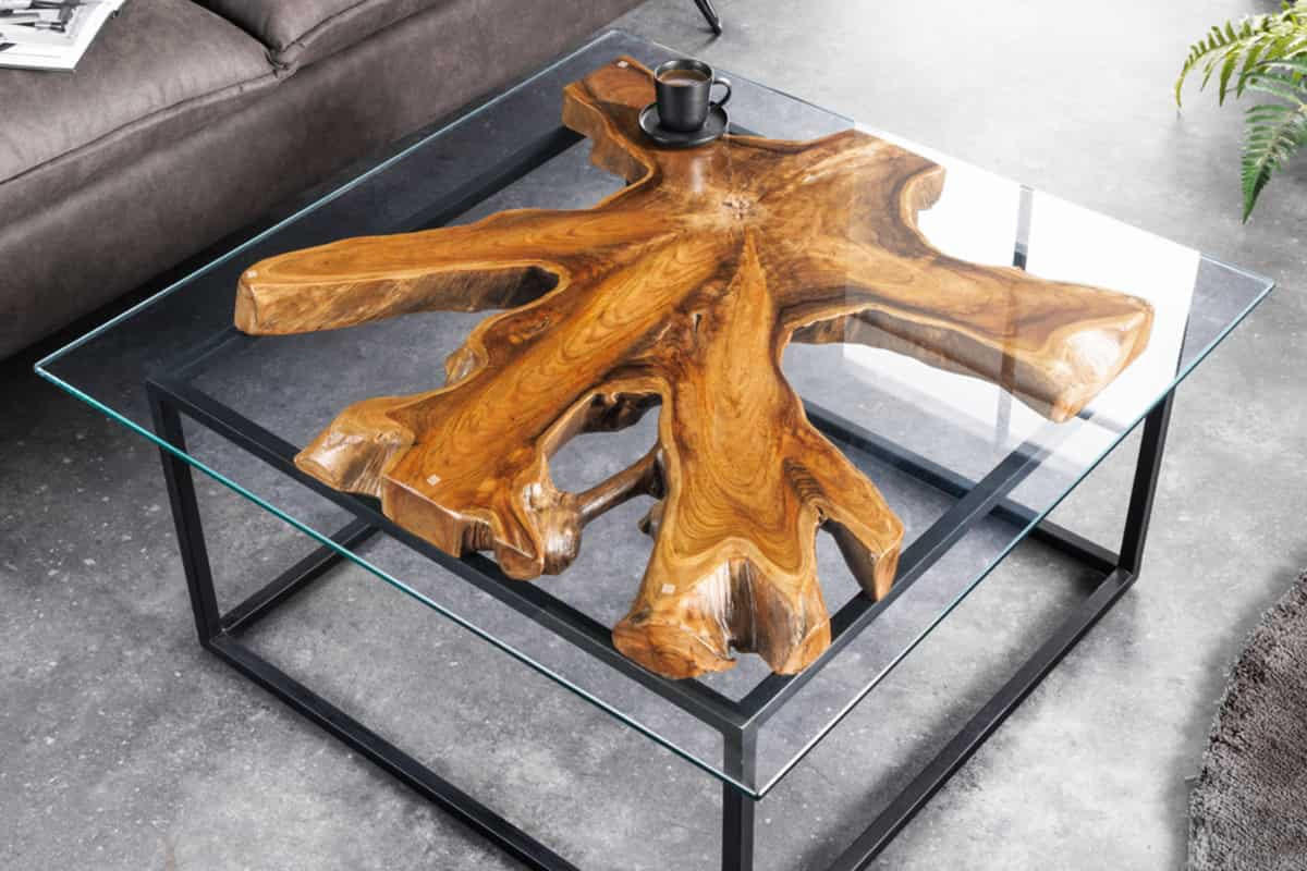 COUCHTISCH ROOT Teakholz quadratisch Natur|Schwarz|Transparent 70cm - Transparent/Schwarz, Glas/Holz (70/70/40cm) - riess-ambiente
