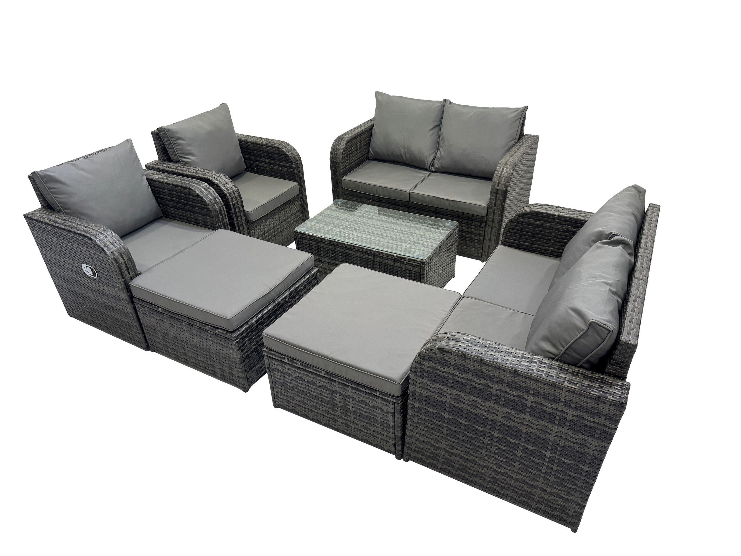 GARTENMÖBELGARNITUR mit KISSEN Polyrattan Dunkelgrau 8-Sitzer - Dunkelgrau/Grau, Glas/Kunststoff - Fimous