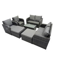 GARTENMÖBELGARNITUR mit KISSEN Polyrattan Dunkelgrau 8-Sitzer - Dunkelgrau/Grau, Glas/Kunststoff - Fimous