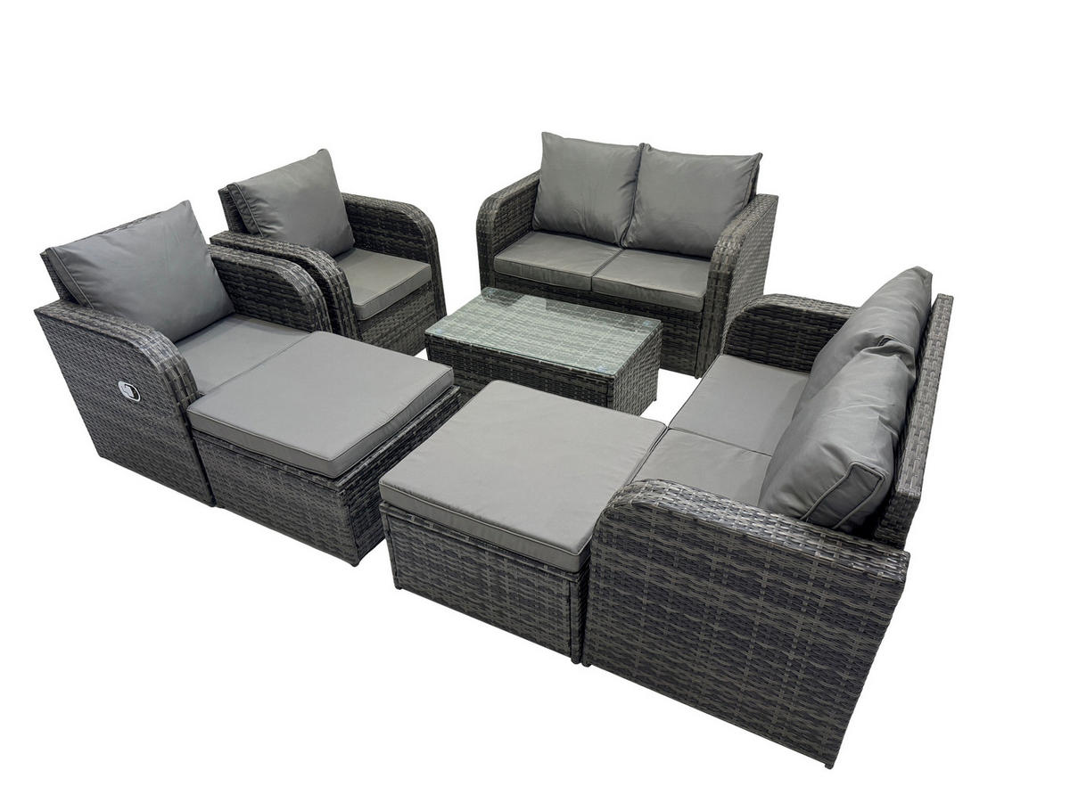 GARTENMÖBELGARNITUR mit KISSEN Polyrattan Dunkelgrau 8-Sitzer - Dunkelgrau/Grau, Glas/Kunststoff - Fimous
