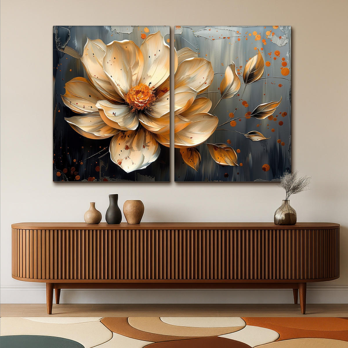 LEINWANDBILD 2er Set Blume - Gold - Abstrakt - Farbe 180x120 cm - Creme, Textil (180/120cm) - MuchoWow