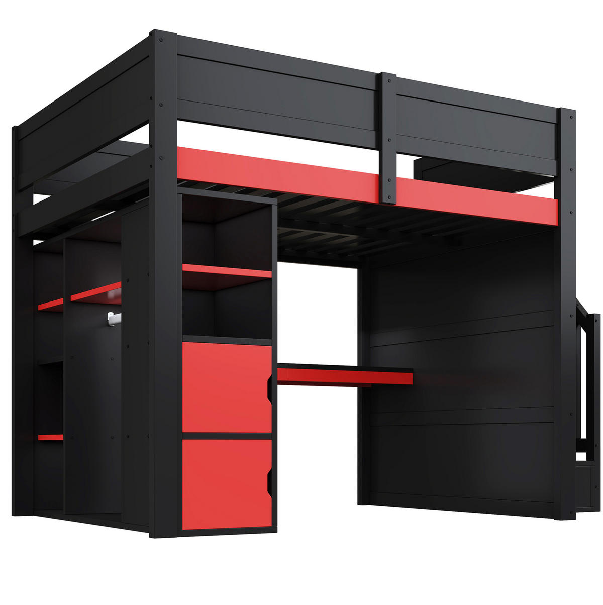 HOCHBETT 140/200 cm in Schwarz/Rot mit Schreibtisch, Stauraum und LED-Beleuchtung - Schwarz, Holzwerkstoff (140/200cm) - Flora Grace