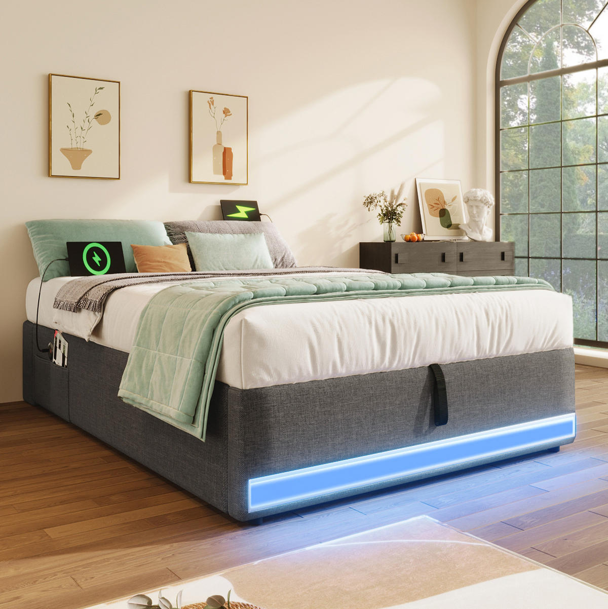 TAPECIRANI krevet 90/200 cm s LED osvjetljenjem, USB i Type-C priključkom te hidrauličnim spremištem, Siva - siva, tekstil (90/200cm) - Redom