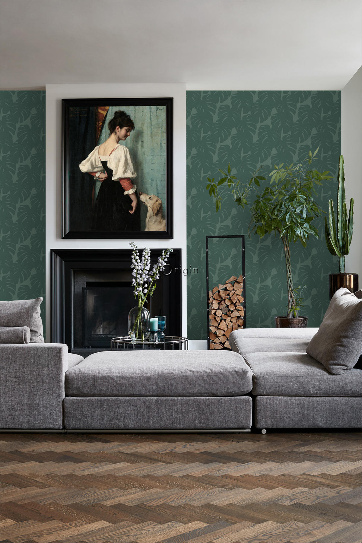 TAPETE Blätter in Leinen-Optik 53 cm x 10.05 m - Grün, Papier (53/1000cm) - Origin Wallcoverings
