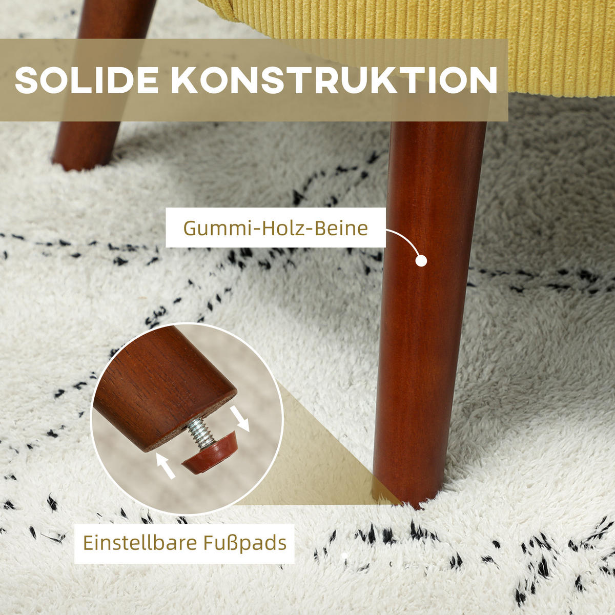 SESSEL mit Rückenlehne, abgerundeten Armlehnen Gepolstert Loungesessel Kordoptik - Gelb, Holz/Textil (69/78/69.5cm) - HOMCOM