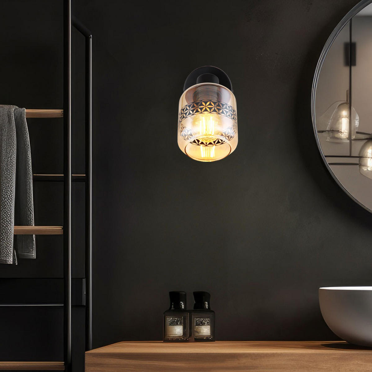 WANDLEUCHTE Metall Glas Bernsteinfarben Schwarz - Orange, Glas (11/19/18cm)