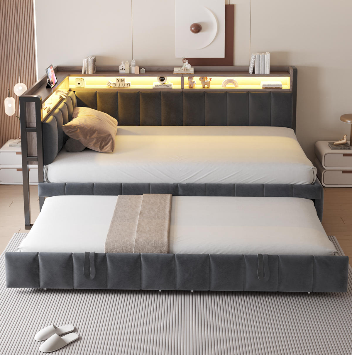 POHOVKA na spaní 90/200 cm s výsuvným lůžkem, LED osvětlením, USB a USB-C portem, Šedá - šedá, textil (90/200cm) - Redom