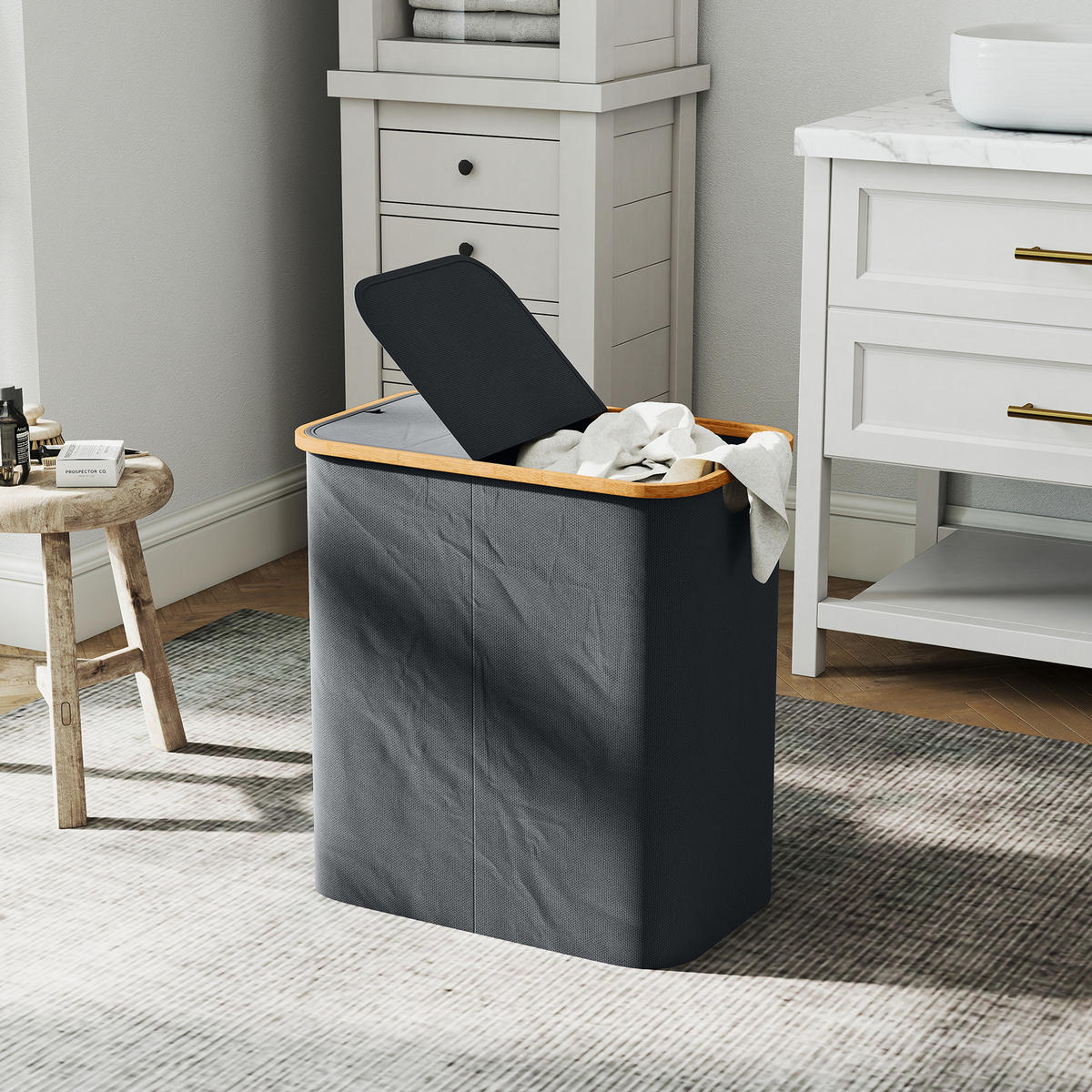 WÄSCHEKORB DE-18815 2 Fächer, 80L mit Deckel & klappbar Grau - Grau, Textil (54/58.5/34cm) - ComfortXL