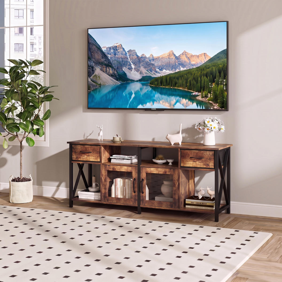 TV-LOWBOARD Braun Schwarz Industrial mit Stauraum 180 cm - Braun, Holzwerkstoff/Textil (180/60/40cm) - Relaxdays