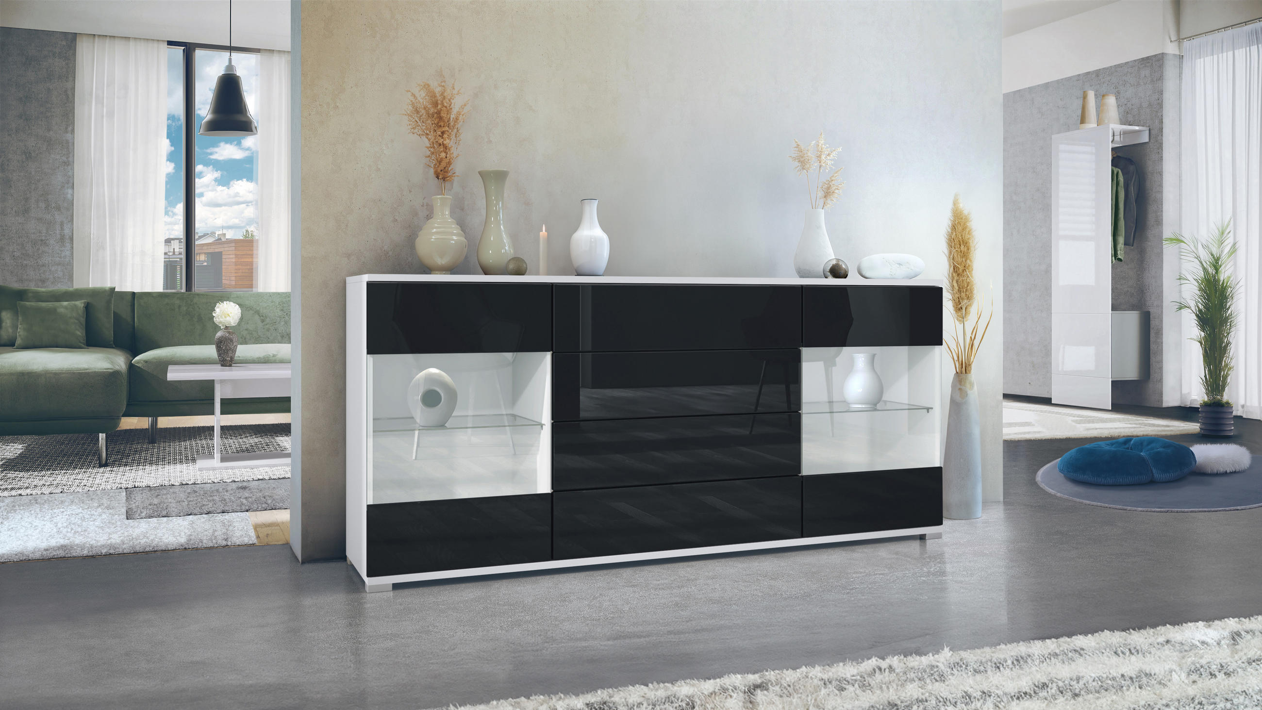 SIDEBOARD Bari Schwarz Hochglanz - Schwarz Hochglanz, Holzwerkstoff (166.5/75.5/35cm) - Vladon