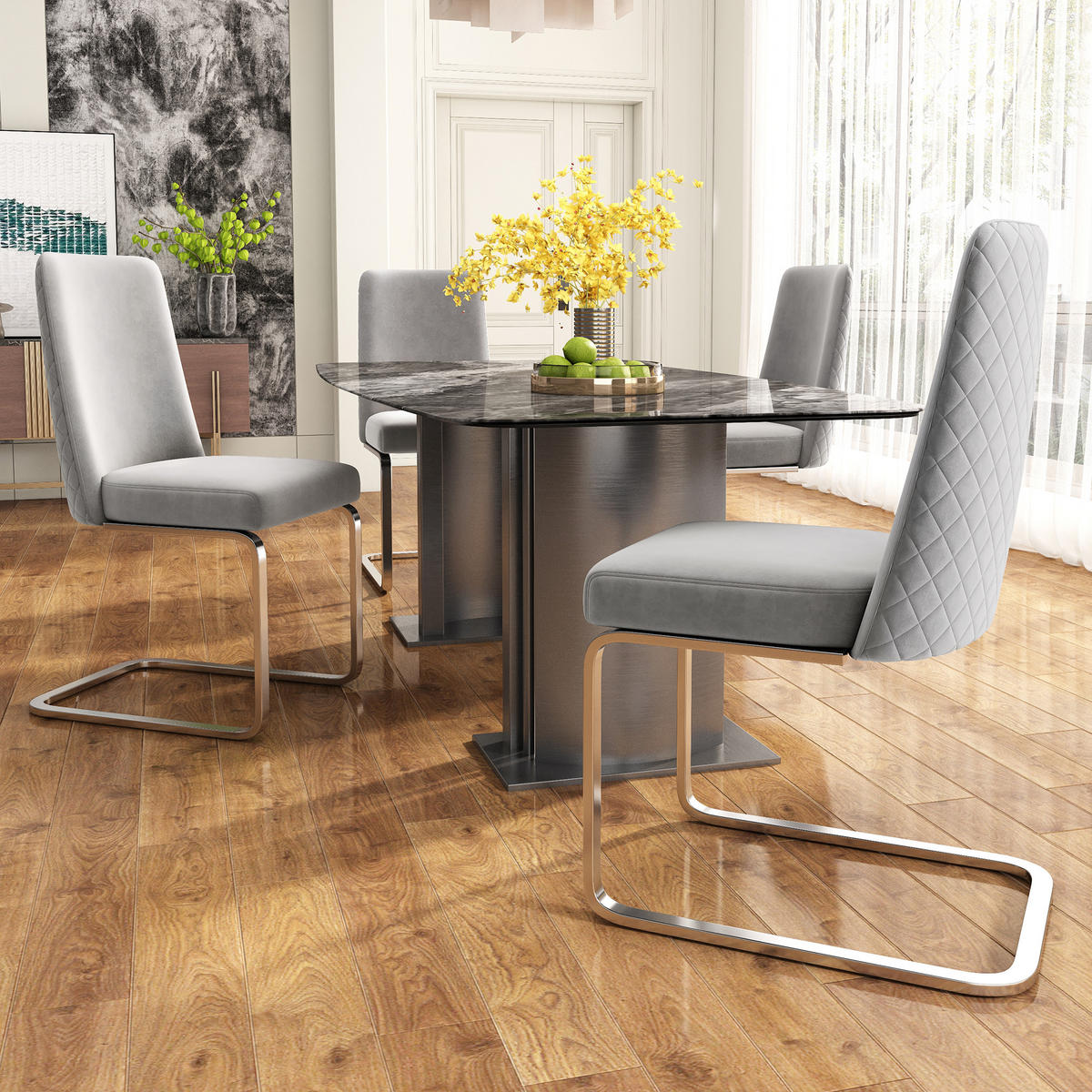 ESSZIMMERSTUHL 2er Set Samt Diamant Grau Silber Metallbeine - Grau, Textil (50.5/89/46cm) - FLIEKS