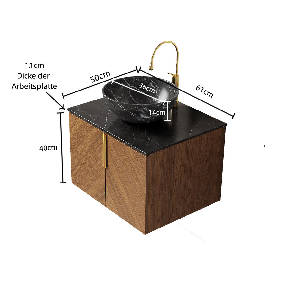 WASCHTISCH mit Unterschrank 61 cm Schwarz/Braun Eiche - Schwarz, Holzwerkstoff (50/55.1/61cm) - Beauniv