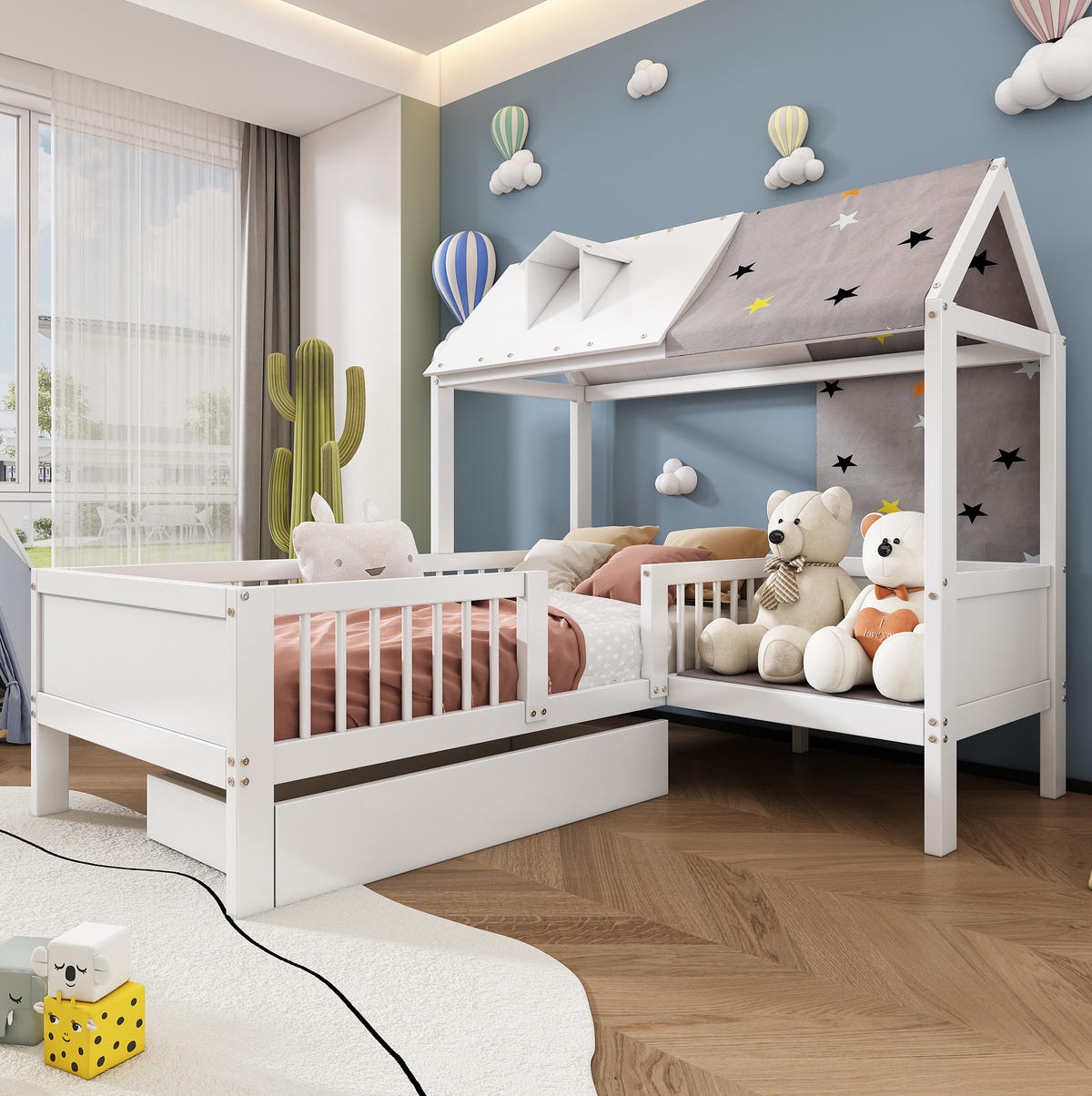 KINDERBETT 90/200 cm aus Massivholz mit Hausrahmen, Schubladen und Lattenrost, Weiß - Weiß, Holz (90/200cm) - Redom